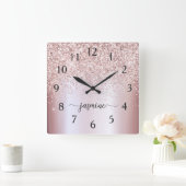 おしゃれなローズゴールドのグリッター付きモノグラム名前の署名 スクエア壁時計 (ホーム)