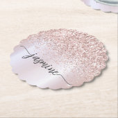 おしゃれなローズゴールドのグリッター付きモノグラム名前の署名 ペーパーコースター (アングル)