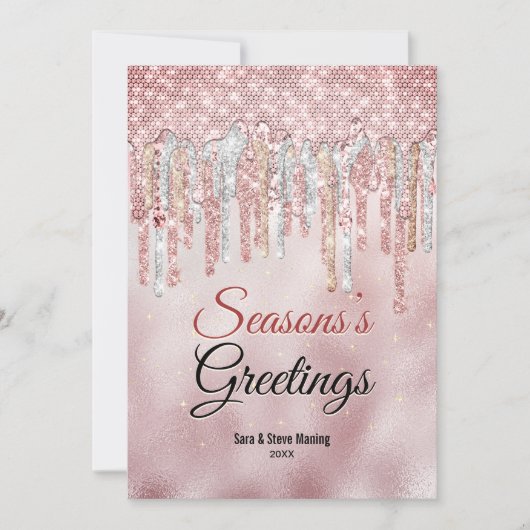 おしゃれなローズゴールドのドリップがクリスマスと新年の挨拶を演出 カード (正面)