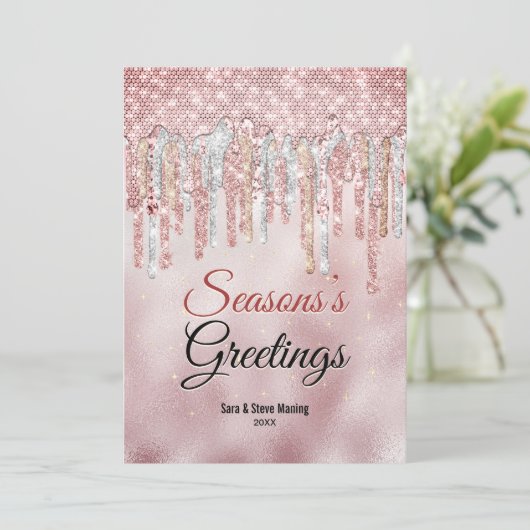 おしゃれなローズゴールドのドリップがクリスマスと新年の挨拶を演出 カード (スタンド正面)