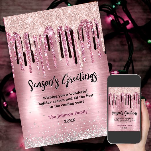 おしゃれなローズゴールドのドリップニューイヤークリスマスグリーティング カード