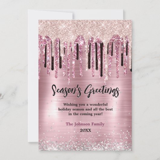 おしゃれなローズゴールドのドリップニューイヤークリスマスグリーティング カード (正面)
