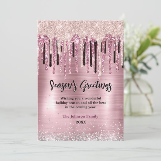 おしゃれなローズゴールドのドリップニューイヤークリスマスグリーティング カード (スタンド正面)