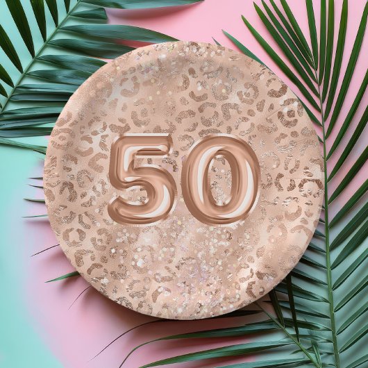 おしゃれなローズゴールドのヒョウ柄 50歳の誕生日 ペーパープレート