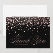おしゃれなローズゴールドのホイル紙のコンフェッティ ドロップス ブラック ウェディング サンキューカード (正面/裏面)
