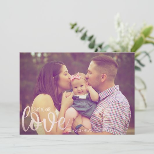 おしゃれなローズゴールドのラブハーツファミリー バレンタインデー シーズンカード (スタンド正面)