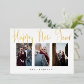 おしゃれなローズゴールドの新年写真コラージュ 箔シーズンカード (立ち正面)