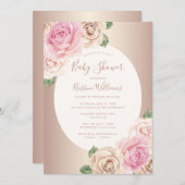 おしゃれなローズゴールドの水彩花イラストのベビーシャワー 招待状 (正面/裏面)