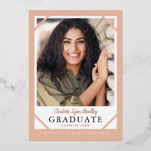 おしゃれなローズゴールドの箔押し卒業発表カード 箔招待状 (正面)