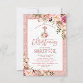 おしゃれなローズゴールドの花の赤ちゃんの洗礼 女の子 招待状 (正面)