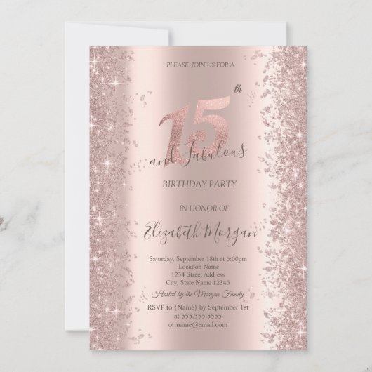 おしゃれなローズゴールドの輝き ダイヤモンド 15歳の誕生日 招待状 (正面)