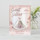 おしゃれなローズゴールドの輝くドレスと蝶のティアラ 招待状 (スタンド正面)