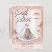 おしゃれなローズゴールドの輝くドレスと蝶のティアラ 招待状 (正面/裏面)