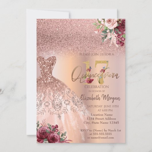 おしゃれなローズゴールドグリッターのドレス フラワーのキンセアニエラ 招待状 (正面)