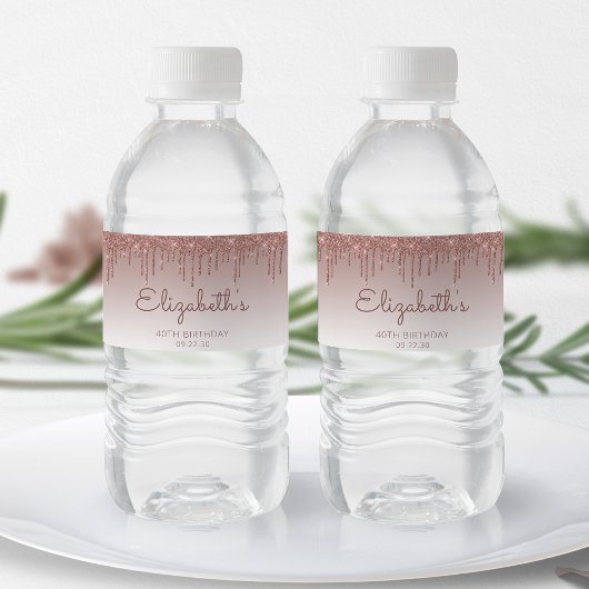 おしゃれなローズゴールドグリッター ドリップ 40歳の誕生日パーティー ペットボトルラベル