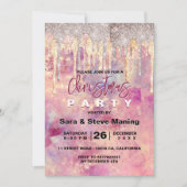 おしゃれなローズブラッシュピンクのホログラフィックドリップス クリスマス 招待状 (正面)