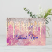 おしゃれなローズブラッシュピンクのホログラフィックドリップス サンキューカード (スタンド正面)