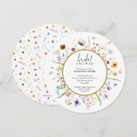 おしゃれなワイルドフラワーのブライダルシャワー丸型カード 招待状 (正面/裏面)