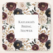 おしゃれなワインレッドとクリームの花柄のブライズシャワー スクエアペーパーコースター (正面)