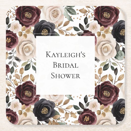 おしゃれなワインレッドとクリームの花柄のブライズシャワー スクエアペーパーコースター (正面)