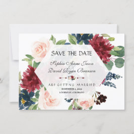 おしゃれなワインレッドの花のヘキサゴン枠 Save The Date セーブザデート