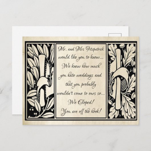 おしゃれなヴィンテージ羊皮紙ユーモア 私たちだけで結婚しました 案内ポストカード (正面/裏面)