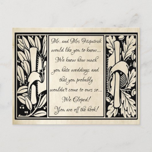 おしゃれなヴィンテージ羊皮紙ユーモア 私たちだけで結婚しました 案内ポストカード (正面)