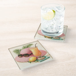 おしゃれなヴィンテージ風味の夏の静物画 ガラスコースター