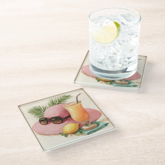 おしゃれなヴィンテージ風味の夏の静物画 ガラスコースター (アングル)