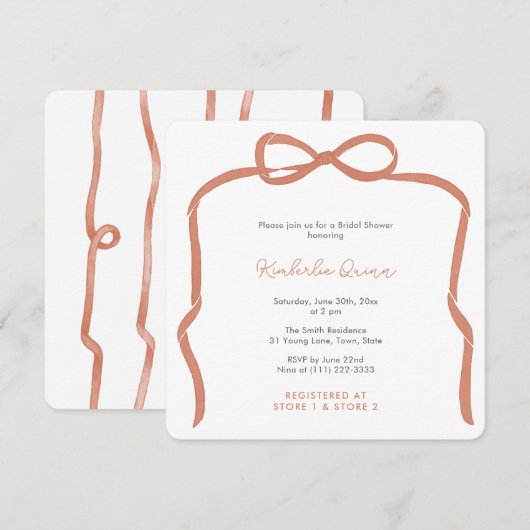 おしゃれなヴェローナ オレンジ リボン ボウ ブライダル シャワー 招待状 (正面/裏面)