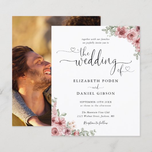 おしゃれな予算重視のブラック&ホワイトの結婚式招待状(ダスティーローズの花をデザイン) (正面/裏面)