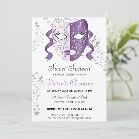 おしゃれな仮面舞踏会の誕生日パーティー招待状 招待状 (スタンド正面)