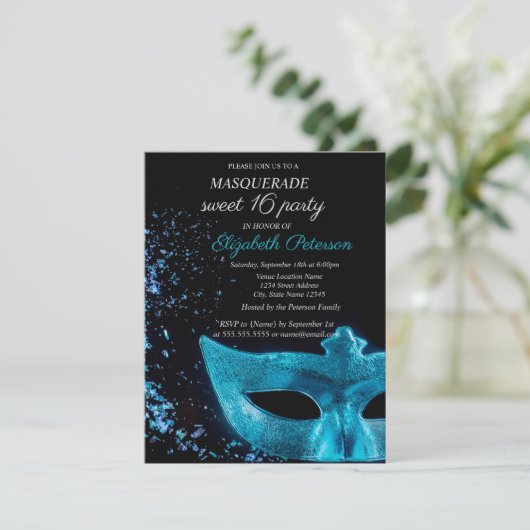おしゃれな仮面舞踏会 青いマスク 黒いスイート16 招待状 (スタンド正面)