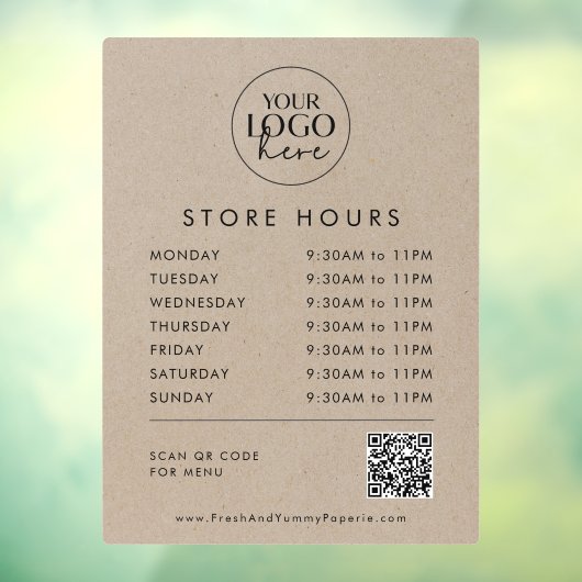 おしゃれな偽のクラフト紙風のビジネスロゴQRコード営業時間 ウィンドウサイン (シート3)