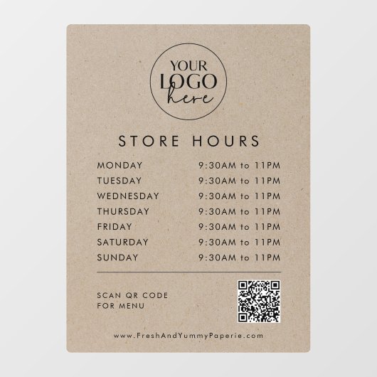 おしゃれな偽のクラフト紙風のビジネスロゴQRコード営業時間 ウィンドウサイン (シート)