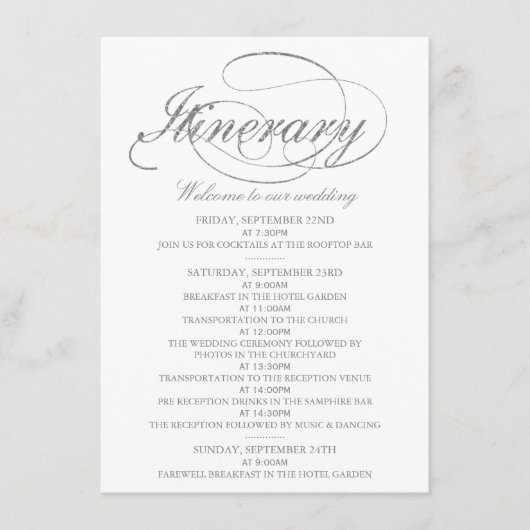 おしゃれな偽のシルバーフォイル結婚式のスケジュールテンプレート エンクロージャーカード (正面)