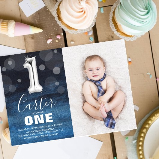 おしゃれな写真付き1歳の誕生日お祝い 招待状