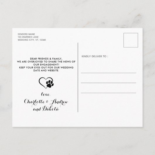 おしゃれな写真付き 愛犬の結婚式場での役割 結婚発表 案内ポストカード (裏面)