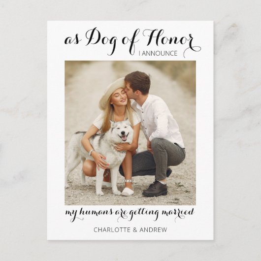 おしゃれな写真付き 愛犬の結婚式場での役割 結婚発表 案内ポストカード (正面)