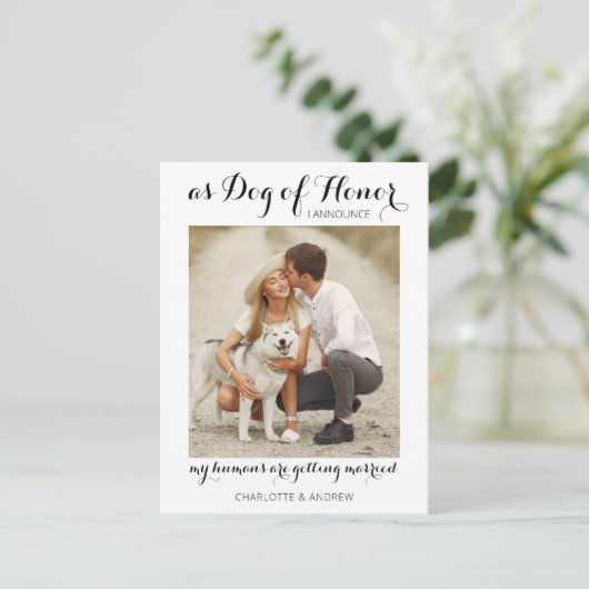 おしゃれな写真付き 愛犬の結婚式場での役割 結婚発表 案内ポストカード (スタンド正面)