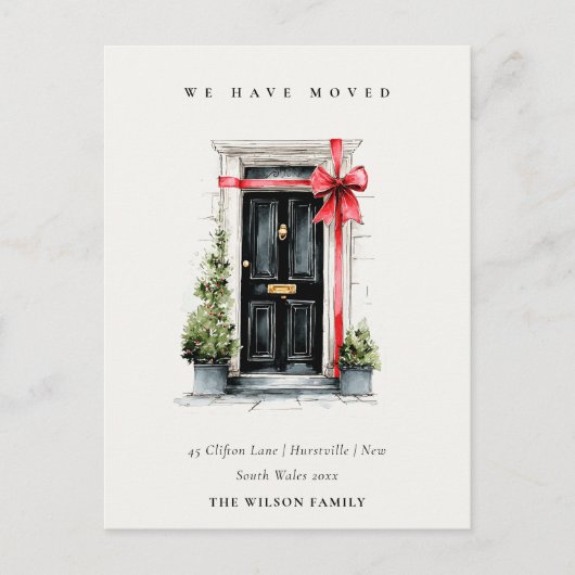 おしゃれな冬のフロントドアのお知らせ - 私たちは引っ越しました ポストカード (正面)