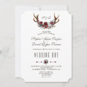 おしゃれな冬のワインレッドの花の鹿の角 ゴールドの結婚式 招待状 (正面)