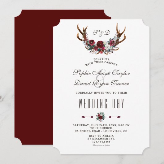 おしゃれな冬のワインレッドの花の鹿の角 ゴールドの結婚式 招待状 (正面/裏面)