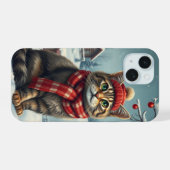 おしゃれな冬の装いと帽子をかぶったトラ猫 iPhone 15ケース (裏面横)