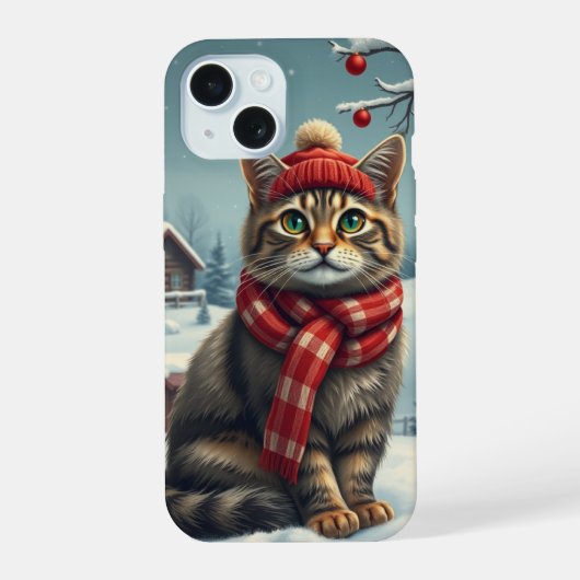 おしゃれな冬の装いと帽子をかぶったトラ猫 iPhone 15ケース (裏面)
