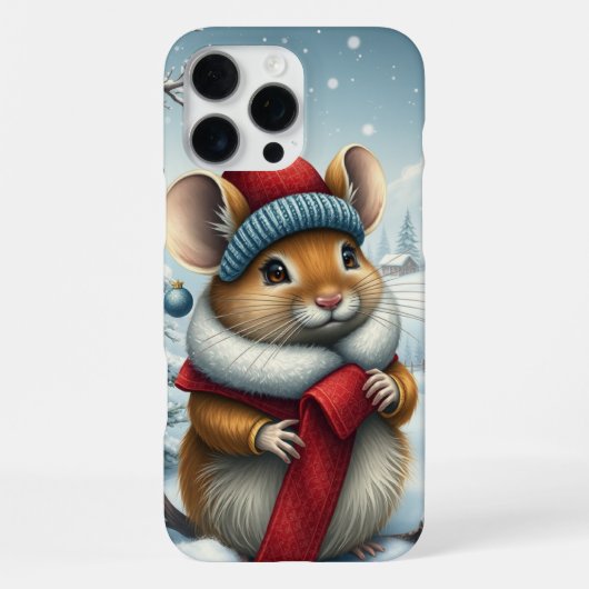 おしゃれな冬の装いと帽子を身に着けたかわいいネズミ iPhoneケース (裏面)