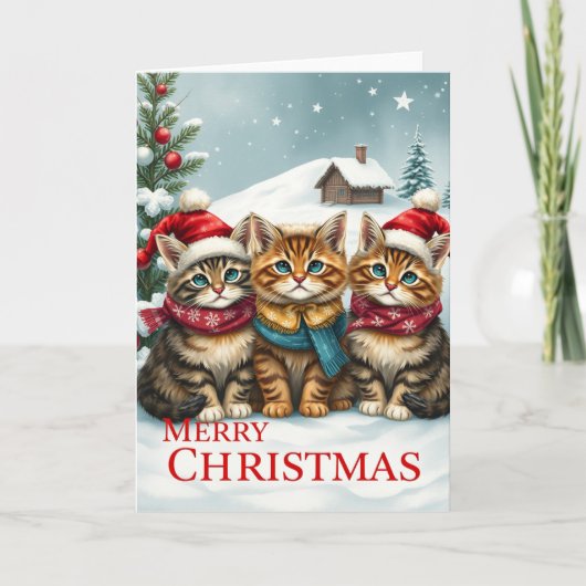 おしゃれな冬の装いと帽子を身に着けた猫たち クリスマス カード (正面)