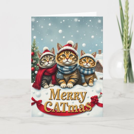 おしゃれな冬の装いと帽子を身に着けた猫たち クリスマス カード (正面)