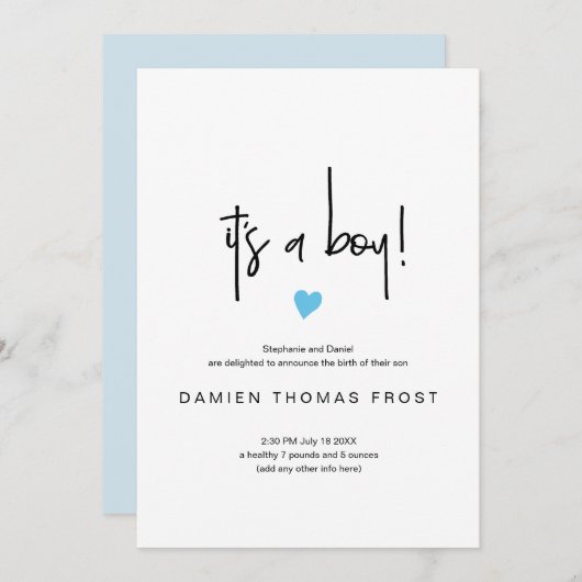 おしゃれな出産発表 男の子誕生 タイニーブルーハート 招待状 (正面/裏面)
