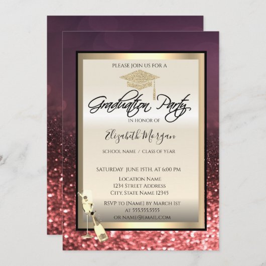 おしゃれな卒業帽、ワイングラス卒業 招待状 (正面/裏面)